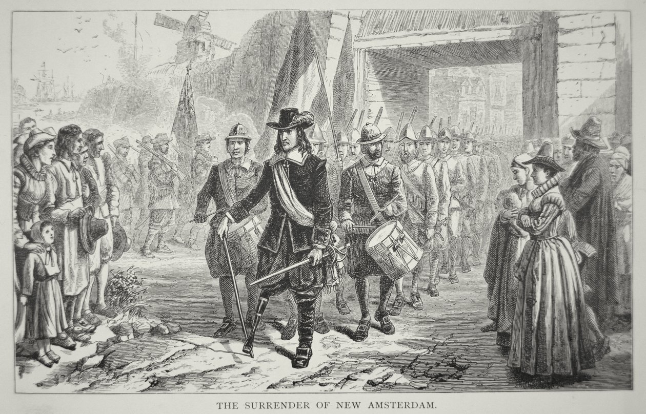 O governador Peter Stuyvesant rende Nova Amesterdão aos britânicos em 1664 (litho) de School American