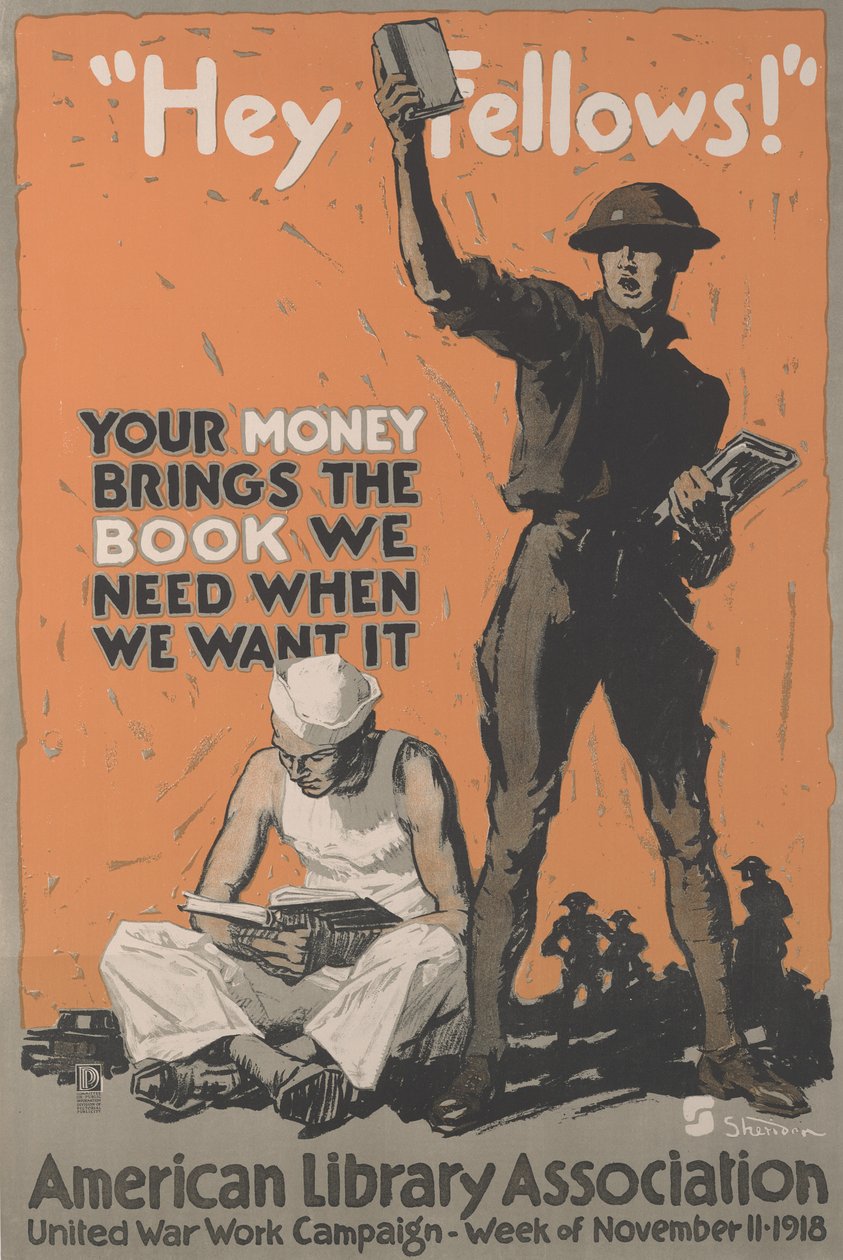 Olá amigos! O vosso dinheiro traz-nos o livro de que precisamos quando o queremos. Campanha de trabalho da Associação Americana de Bibliotecas Unidas para a Guerra, semana de 11 de novembro de School American
