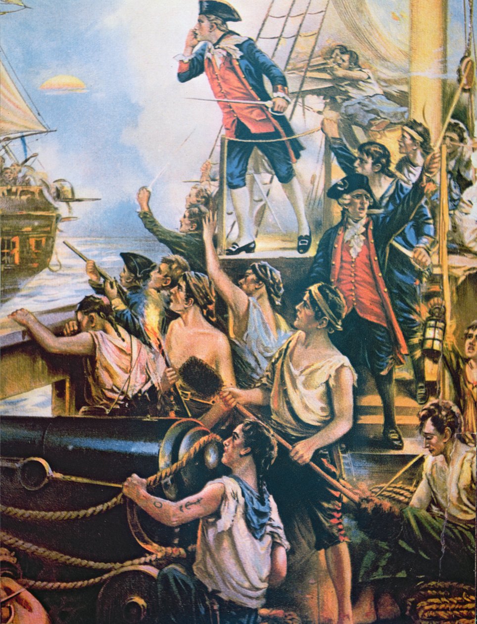 "Ainda não comecei a lutar", Jones grita desafiador do seu navio Bonhomme Richard para HMS Serapis, 23 de Setembro de 1779 (cor litho) de School American