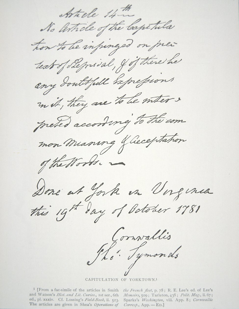 Carta de Capitulação de Yorktown, assinada por Lord Cornwallis de School American
