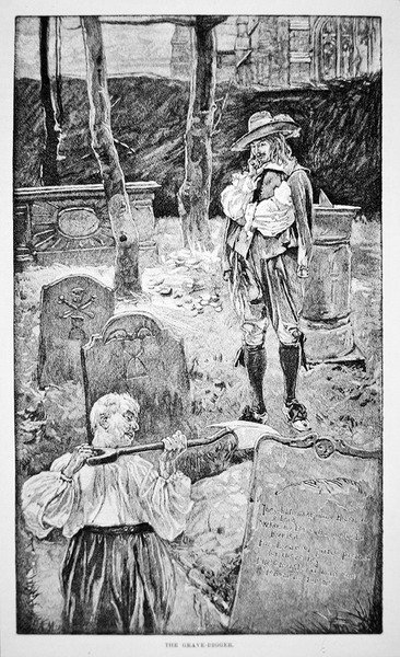 A vida na Nova Inglaterra no século XVII - O escavador de sepulturas (litho) de School American