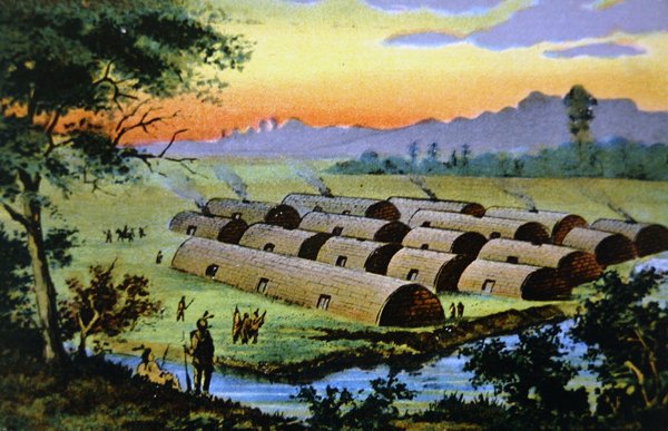 Manhattan Island, New York City, antes dos holandeses se estabelecerem aqui mostrando uma vila indígena da confederação Wapinger (cor litho) de School American