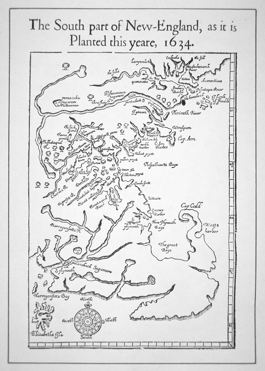 Mapa incluindo a Baía de Massachusetts (litho) de School American
