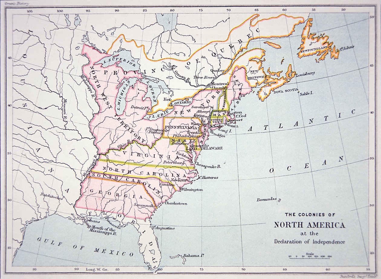 Mapa das Colónias da América do Norte na altura da Declaração de Independência (gravação a cores) de School American