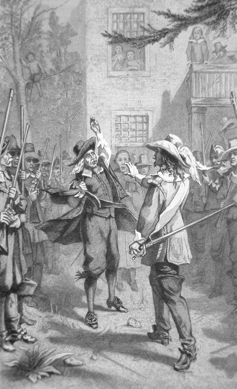 Nathaniel Bacon confronta Sir William Berkeley (gravura) de School American