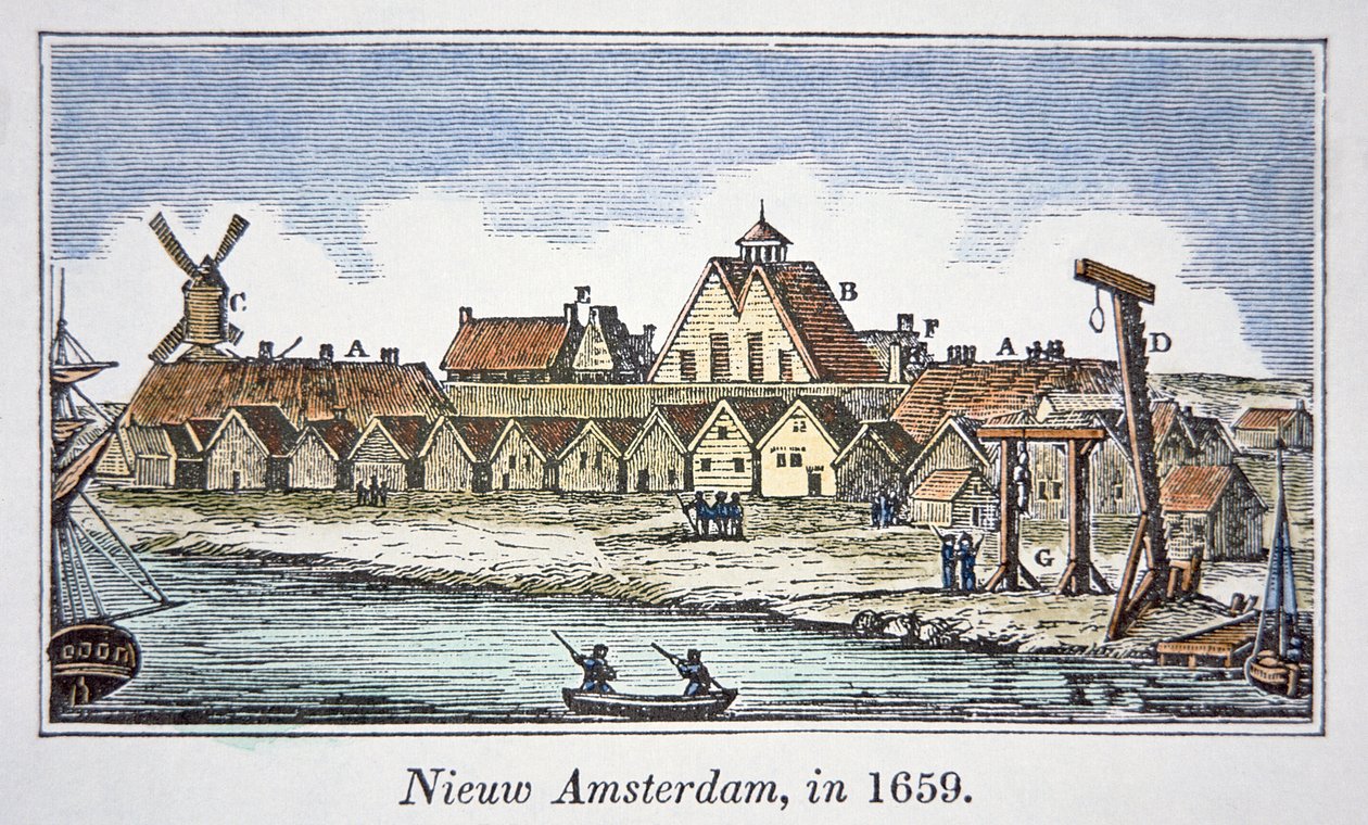New Amsterdam (depois Nova Iorque) na ilha de Manhattan, a partir de uma vista publicada em 1659 (cor litho) de School American