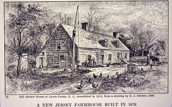 Fazenda de New Jersey construída em 1676, após um desenho de E. J. Meeker (litho) de 1886 de School American