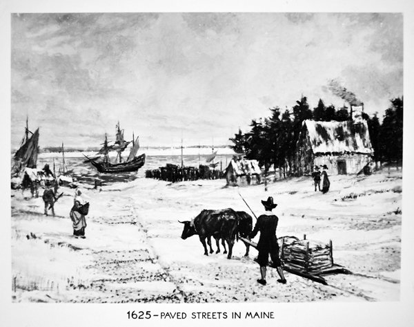 Ruas pavimentadas no Maine em 1625 (litho) de School American