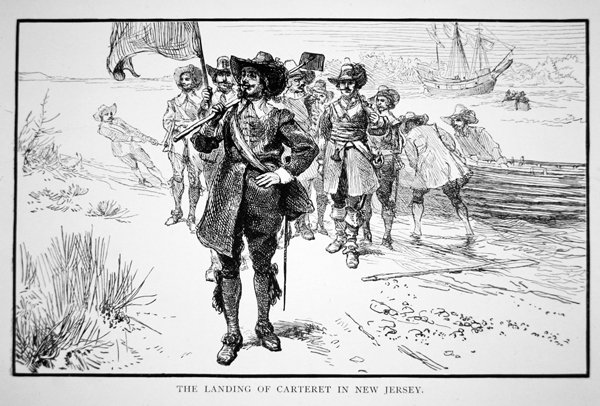 Philip Carteret desembarca na antiga colónia holandesa de Nova Jersey em 1664 (litho) de School American