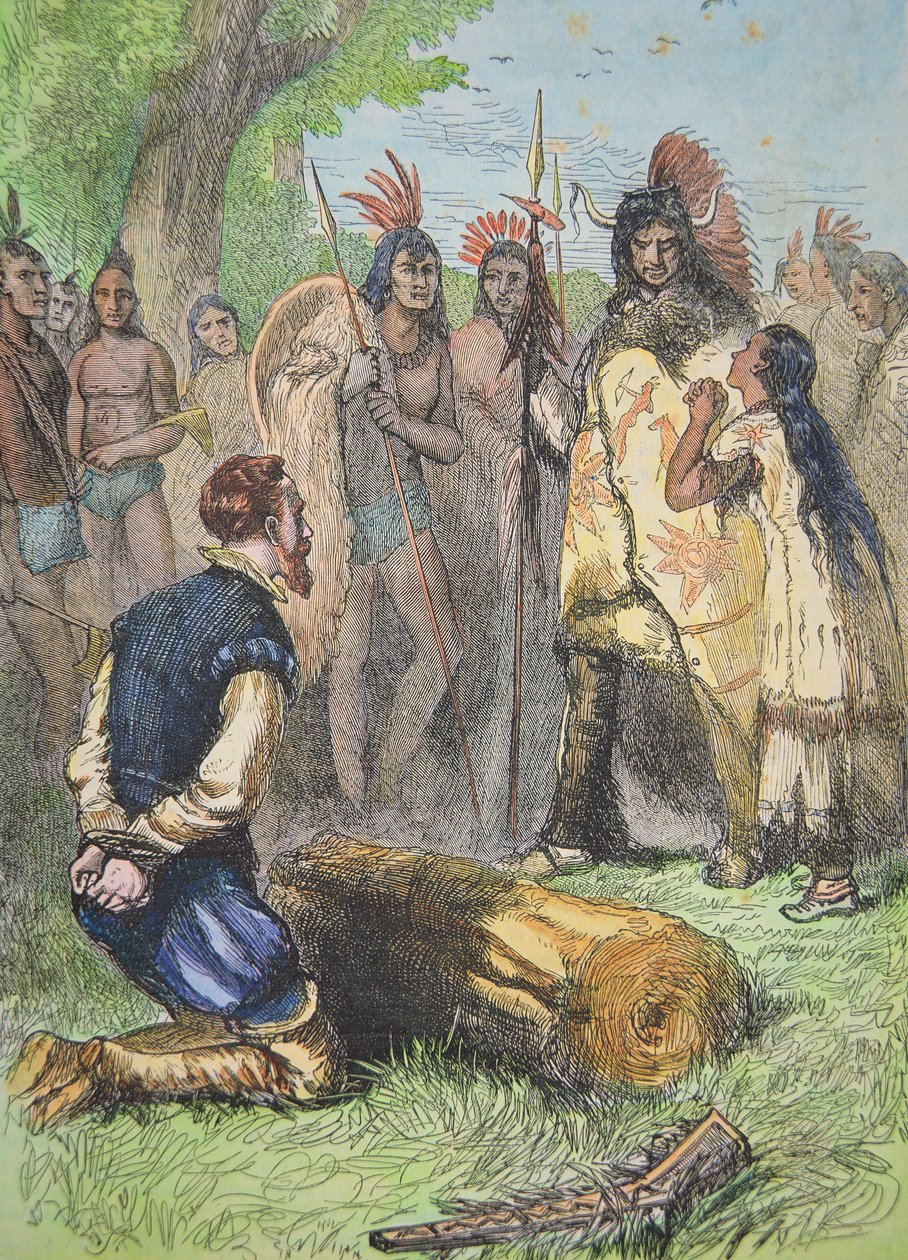 Pocahontas salva a vida de John Smith (gravura a cores) de School American