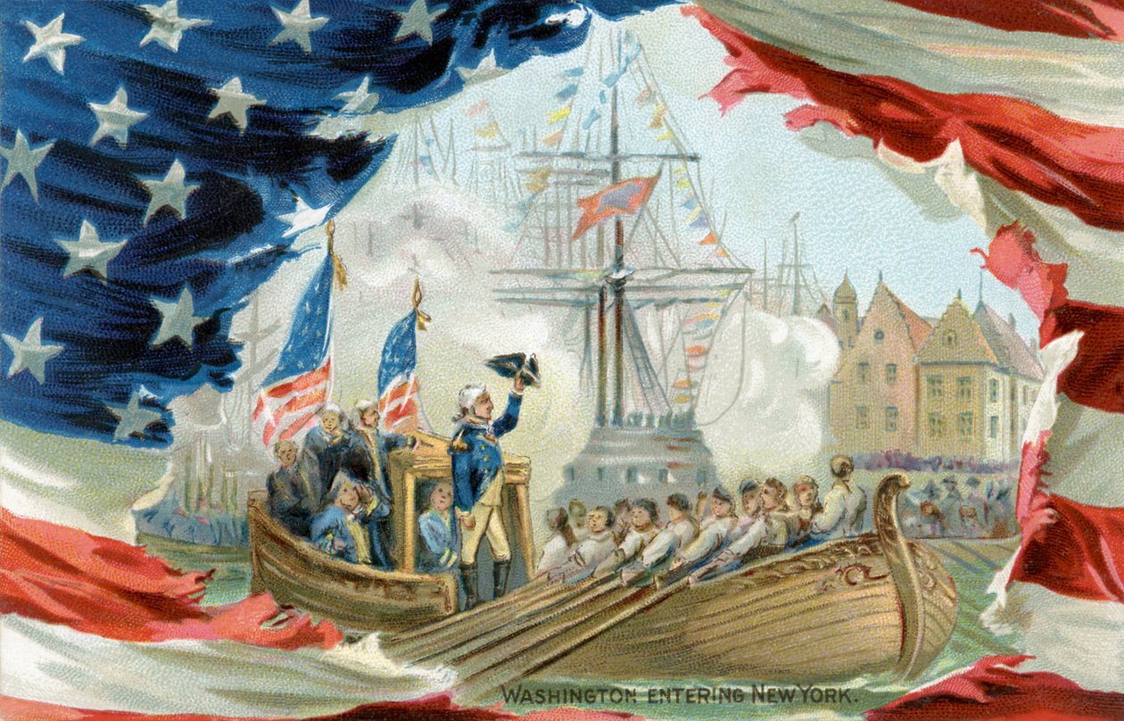 Postal com a imagem de George Washington a entrar em Nova Iorque (impressão) de School American