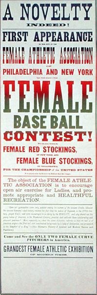 Cartaz publicitando um jogo de beisebol feminino (cor litho) de School American