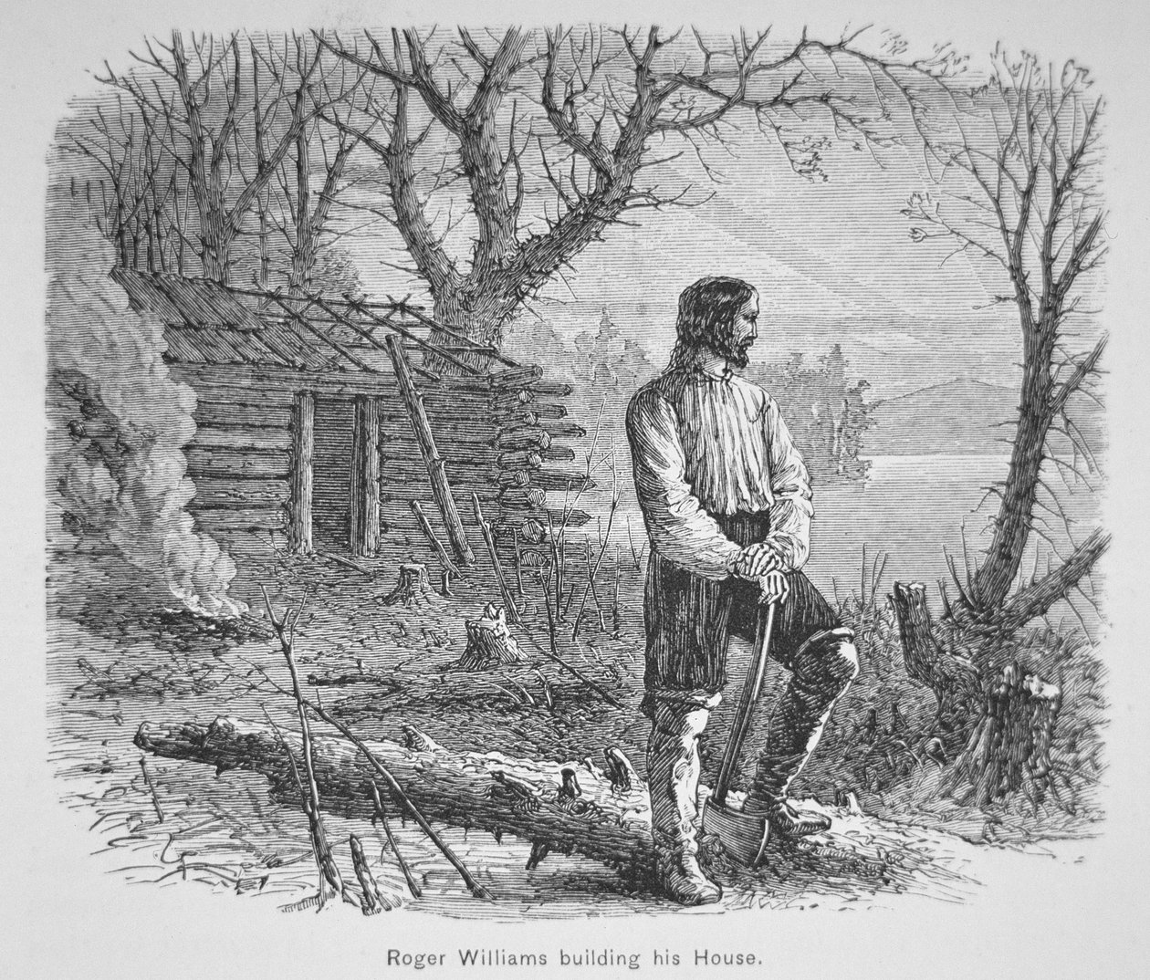 Roger Williams constrói uma cabana no rio Seekonk (litho) de School American