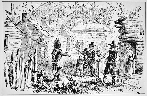 Samoset, chefe das Servas visita os Padres Peregrinos em 1621 (litho) de School American