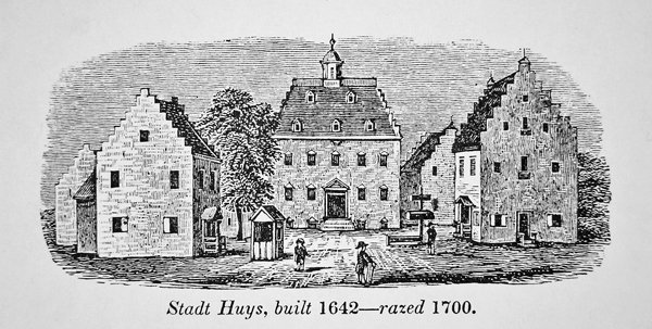 A cidade holandesa de Huys, Nova Amesterdão (Nova Iorque), construída em 1642 e arrasada em 1700 (litho) de School American