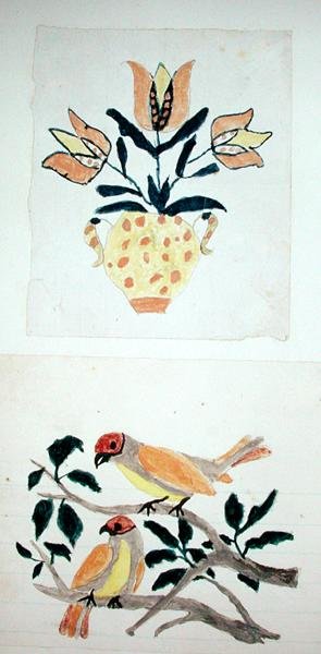 Vaso de Tulipas e Duas Aves numa Árvore (aguarela sobre papel) de School American