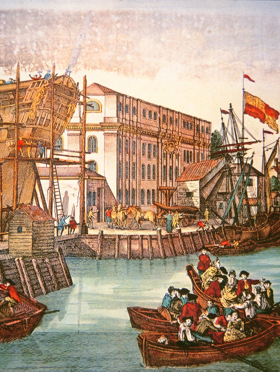 Vista do porto de Nova Iorque em meados do século XVIII (cor litho) de School American