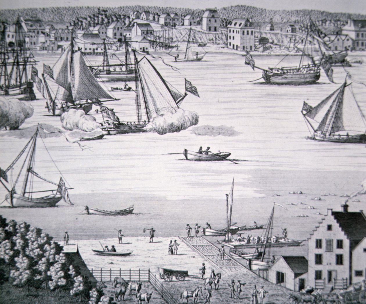 Vista do East River, New York c.1750 com um centro de construção naval (litho) de School American