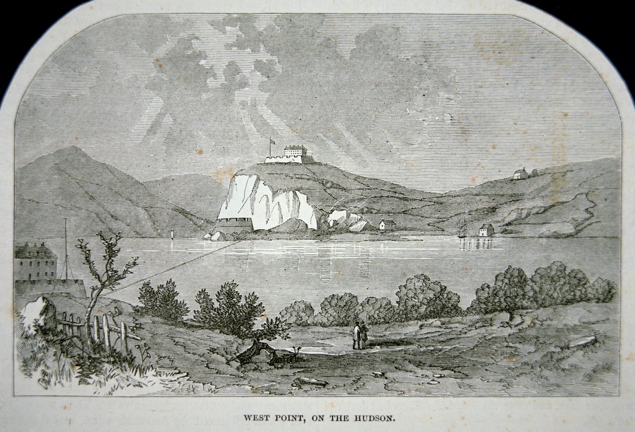 West Point, o forte chave que Benedict Arnold planeou para entregar aos britânicos durante a Guerra da Independência (litho) de School American