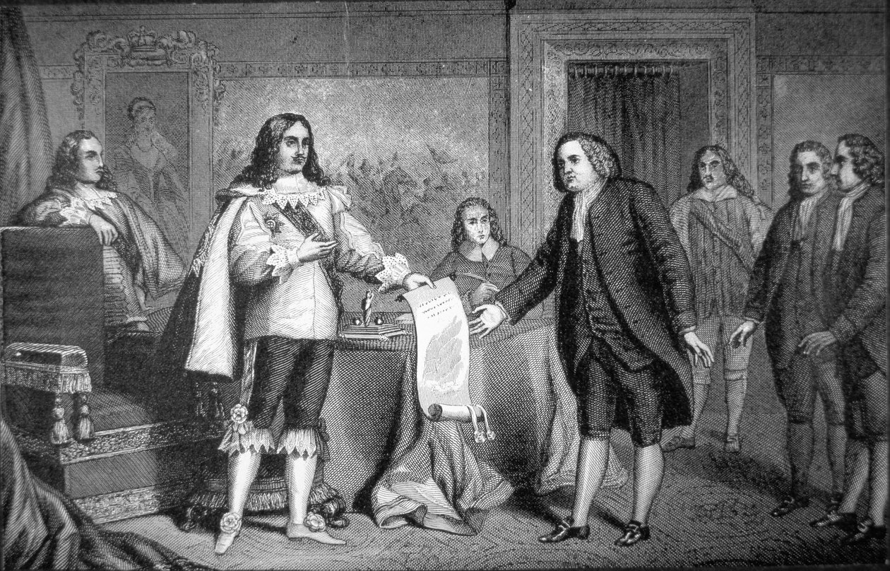 William Penn recebe a Carta da Pensilvânia de Carlos II da Inglaterra em 1681 (litho) de School American
