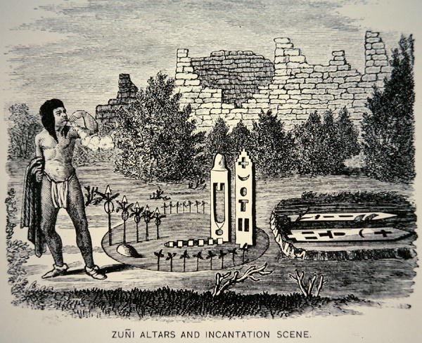 Zuni Tribesman soprando pólen sobre um santuário Pueblo (gravura) de School American