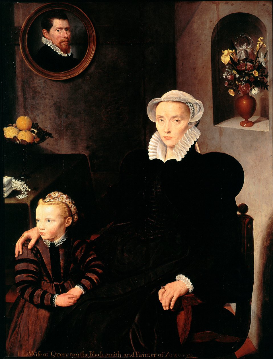 Retrato da esposa do ferreiro e pintor de Antuérpia Quenston com seu filho A mãe vestida de preto, usa uma coleira e um cocar. Pintura da escola de Antuérpia. 1576 Dim. 136x108 cm Paris, Musee du Louvre de School Antwerp
