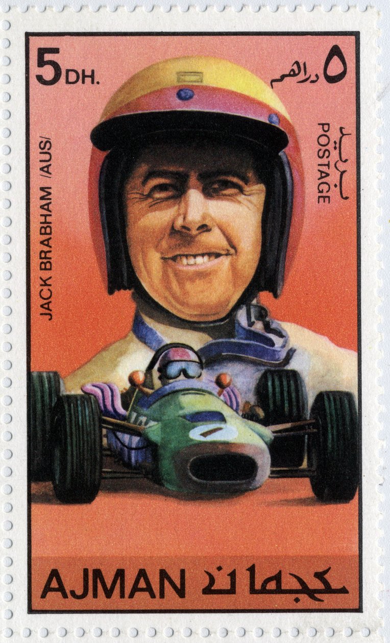 Carimbo das Unidades Árabes dos Emirados Árabes Unidos representando o motorista australiano Jack Brabham (nascido em 1926) de School Arabic