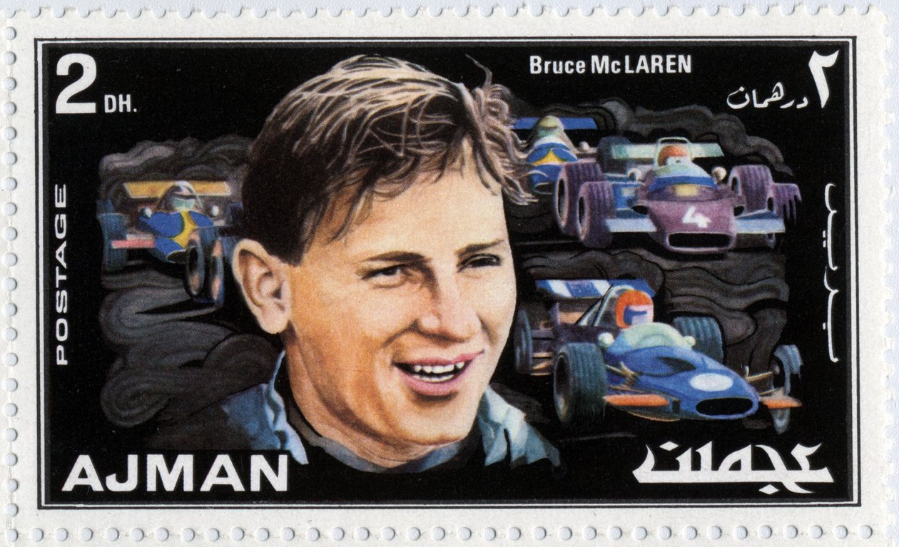 Carimbo das Unidades Árabes dos Emirados Árabes em representação do motorista Neo Zelandês Bruce Mc Laren (1937-1970) de School Arabic