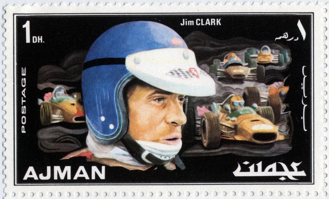 Carimbo das Unidades Árabes dos Emirados Árabes representando o motorista escocês Jim Clark (1936-1968) de School Arabic