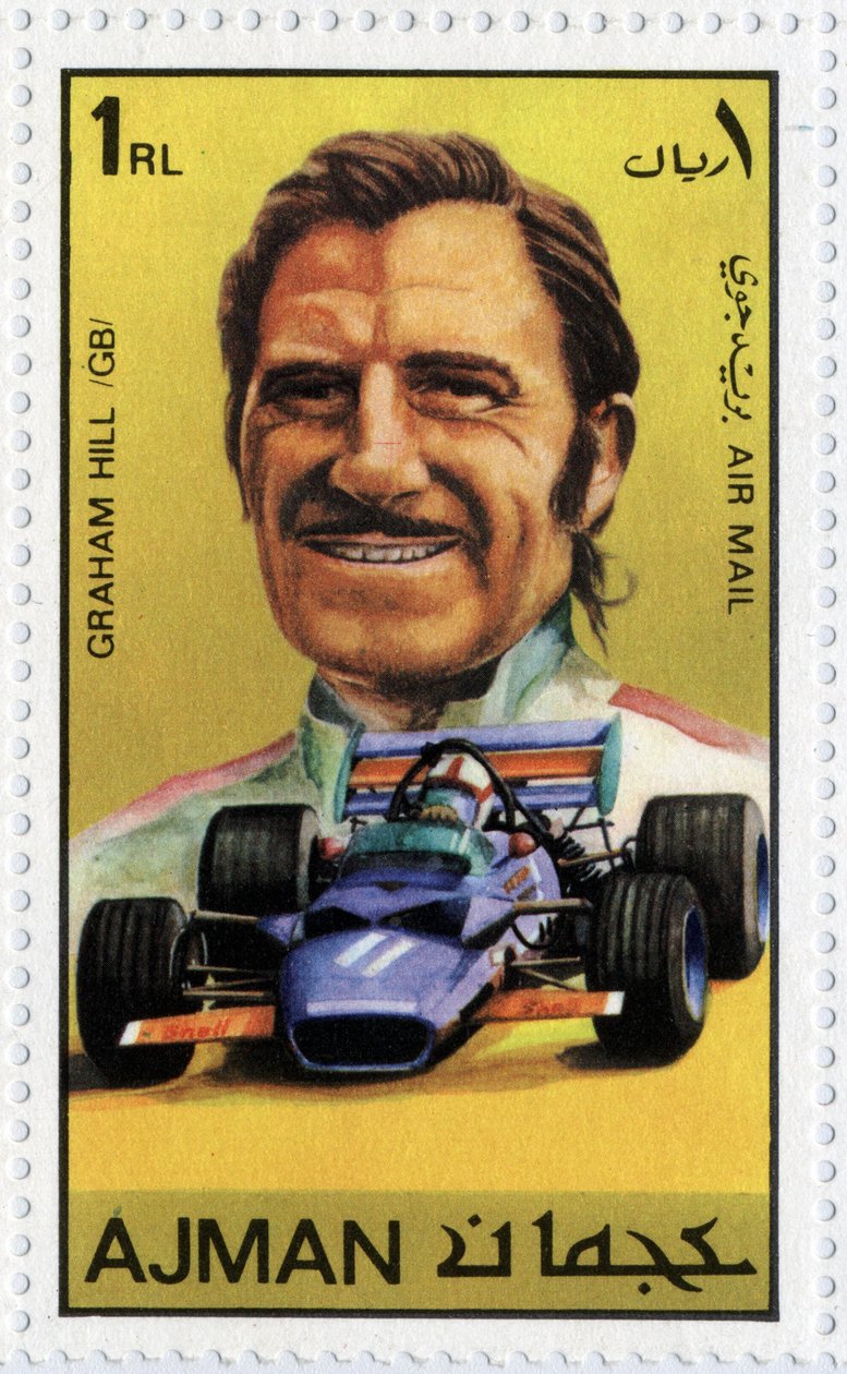 Carimbo dos EAU representando o automobilista britânico Graham Hill (1929-1975) de School Arabic