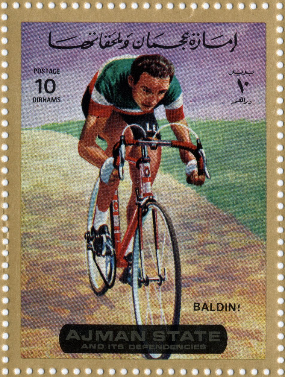 Carimbo dos EAU representando o ciclista Ercole Baldini (Ne 1933). de School Arabic