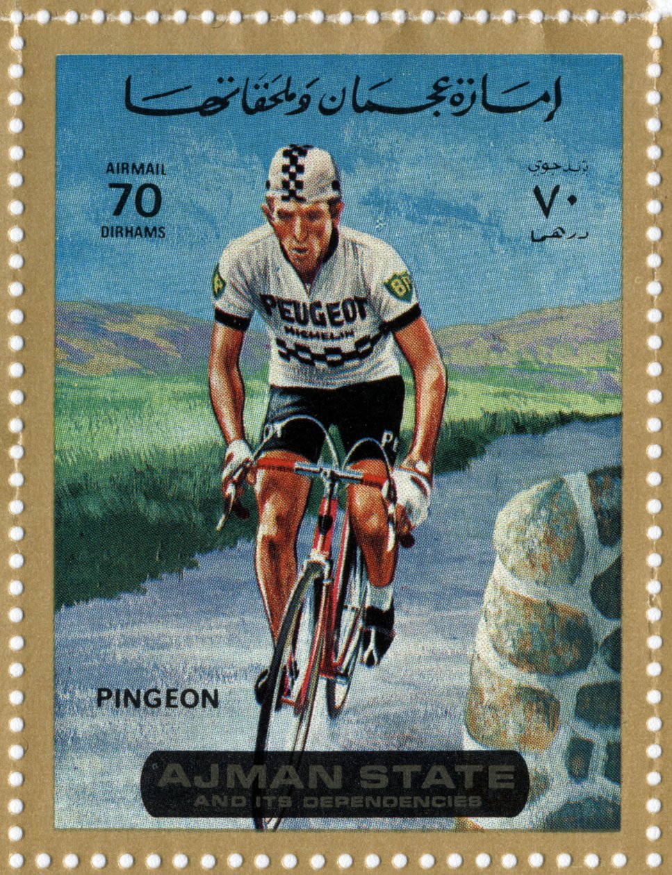 Carimbo dos EAU representando o ciclista Roger Pingeon (Ne 1940) de School Arabic