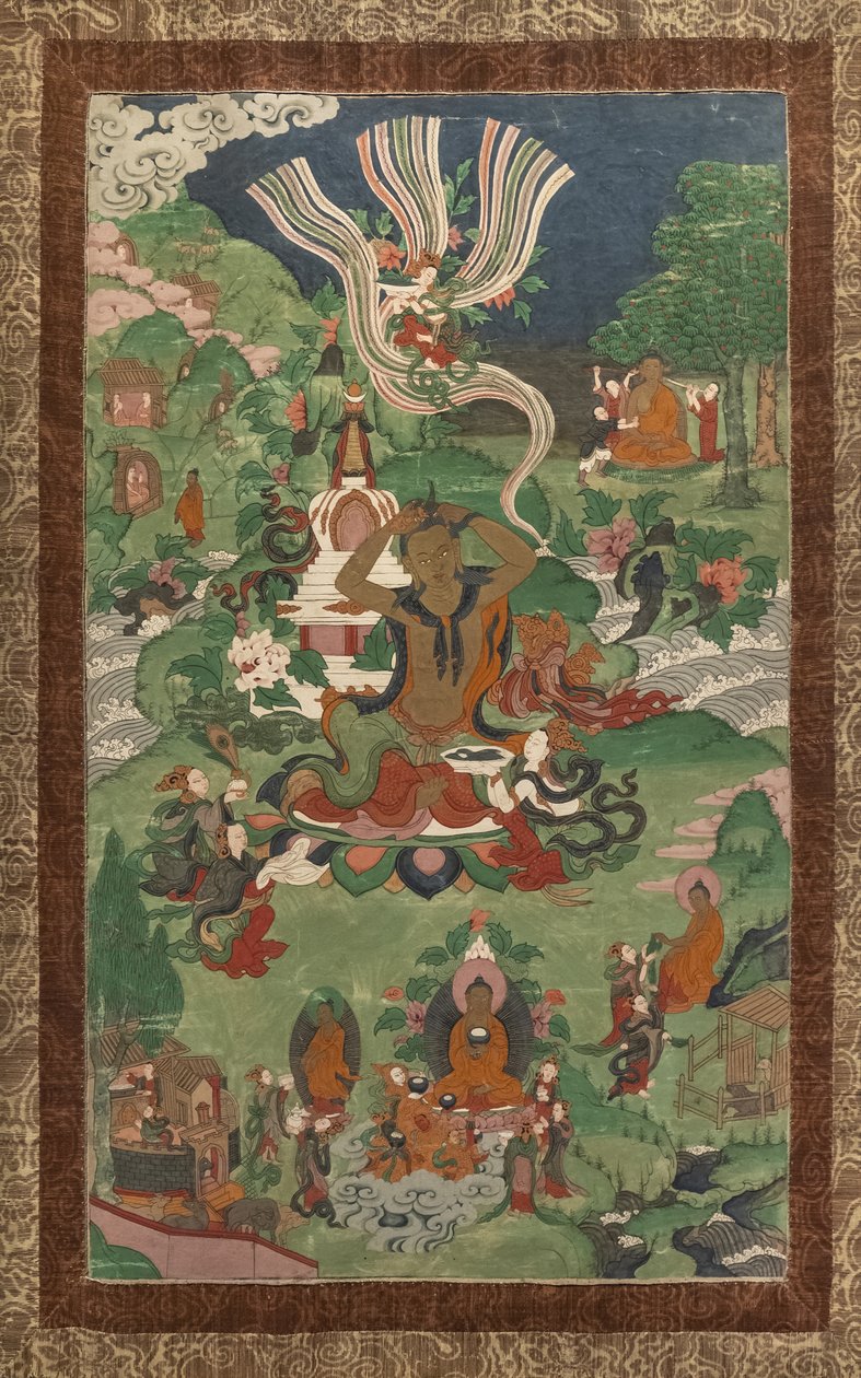 Corte de cabelo e outras cenas. Thangka de uma sequência dedicada aos principais episódios da vida do Buda. de School Asian