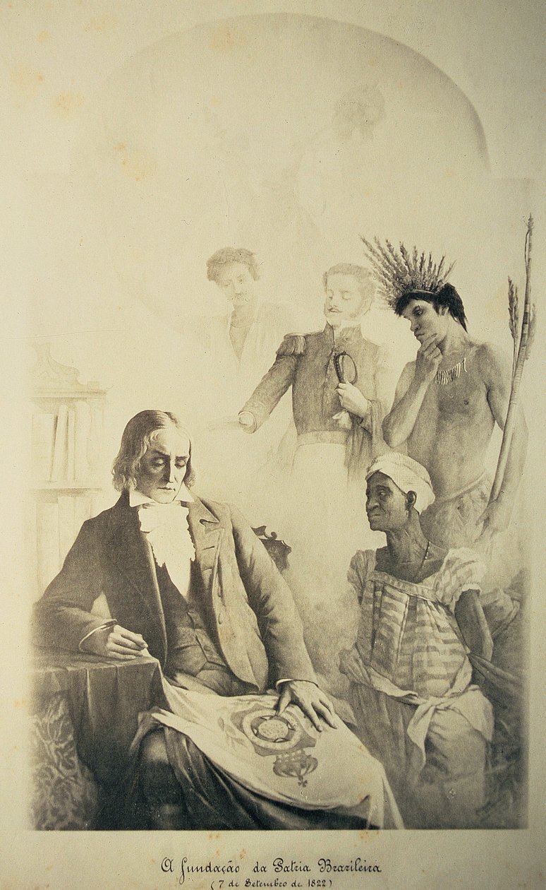 Fundador do País Brasileiro, 7 de setembro de 1822 - Uma alegoria representando as três raças: o escravo africano, o português e o índio nativo com José Bonifácio (1763-1838) e Pedro I (1793-1834) de School Brazilian
