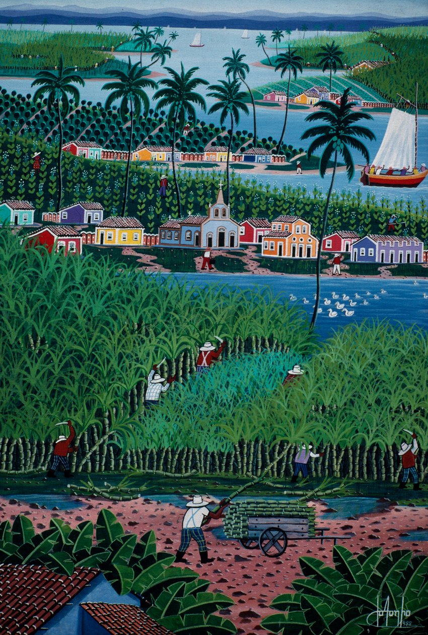 Pintura de arte ingênua retratando a colheita de bambu, Estado da Bahia, Brasil de School Brazilian