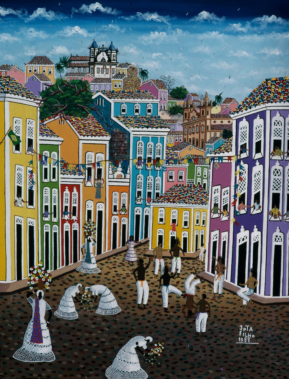 Pintura de arte ingênua retratando cena de rua, Estado da Bahia, Brasil de School Brazilian