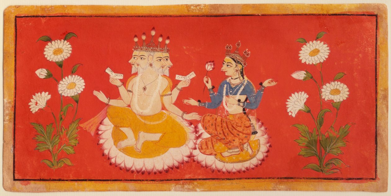 Brahma sentado com Saraswati Brahma segurando os Quatro Vedas e Saraswai Agarrando um Lotus Petal, c.1650 (gouache) de School Bundi