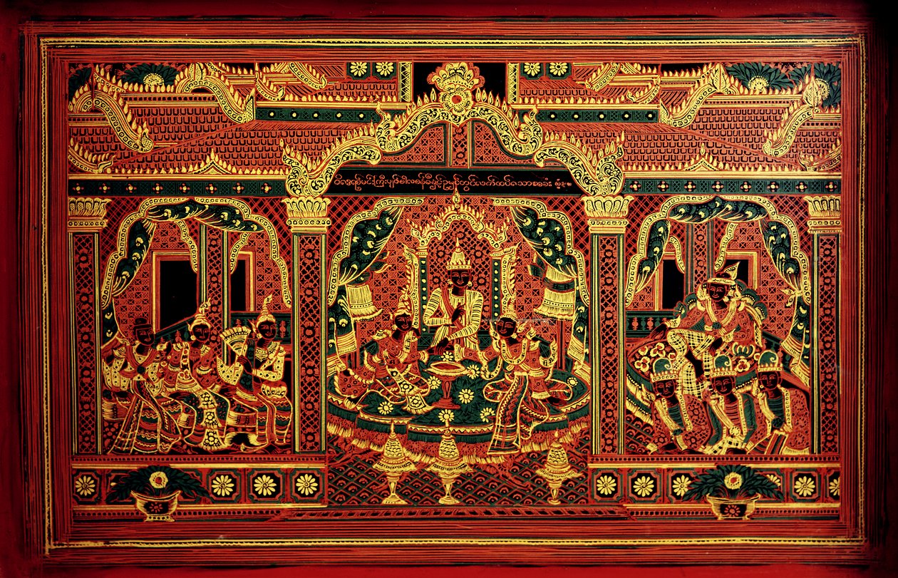 Detalhe de uma arca de manuscrito de Mianmar (madeira lacada) de School Burmese