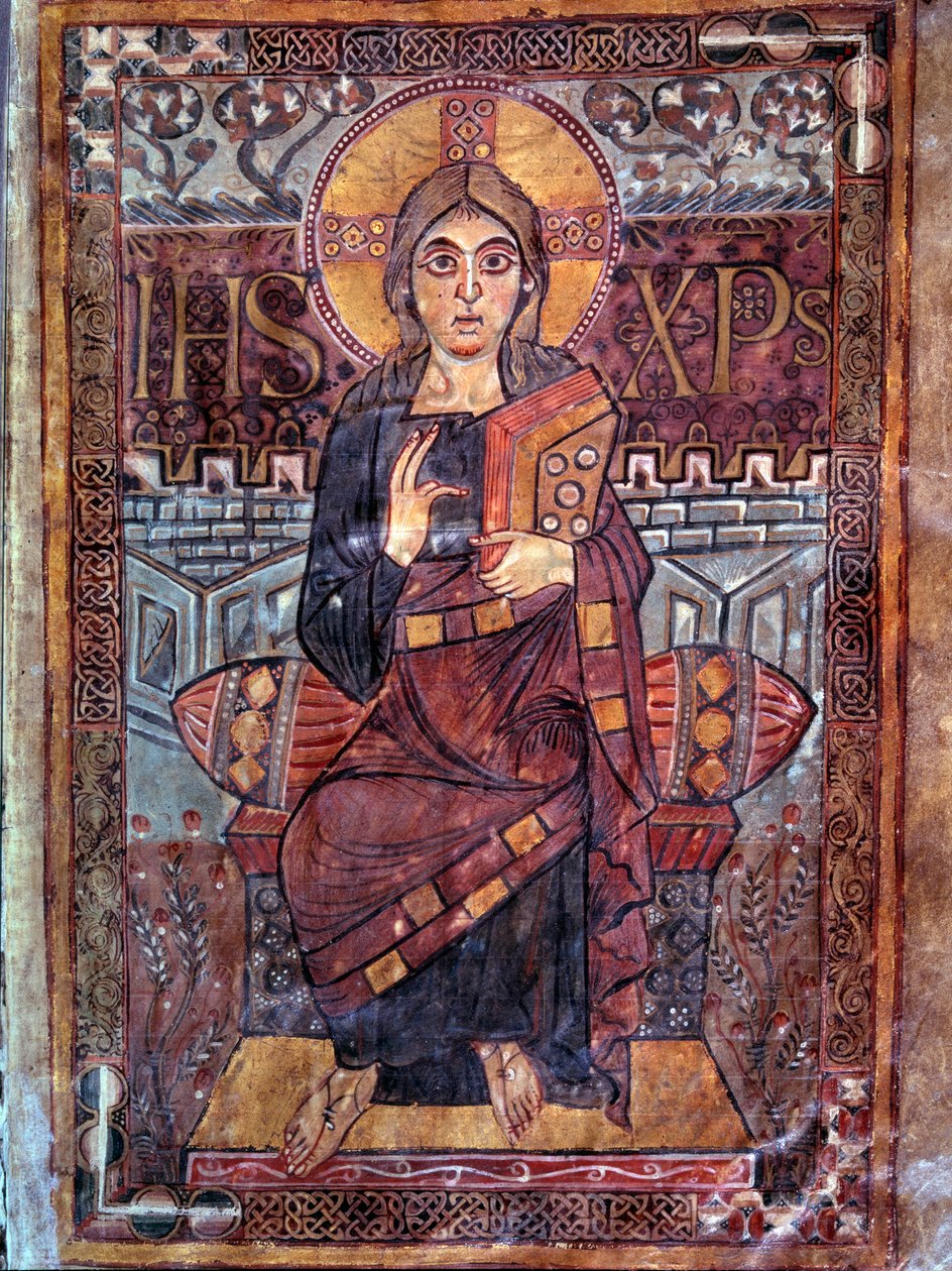 Arte Carolíngia: Cristo em majestade (em glória). Miniatura do manuscrito "Evangeliaire de Godescalc, Ecole du Palais de Charlemagne" (fólio 3) cópia por Godescalc do tresor de Saint-Sernin de Toulouse, Bibliotheque du Louvre, 781-783. BN, Paris de School Carolingian