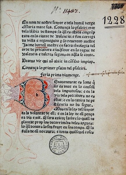 Inc 1228 Psalter of Boniface Ferrer, corrigido por Jaime Borrell, impresso por Nicolaus Spindeler em Barcelona em 1480 (impressão e tinta sobre papel) de School Catalan
