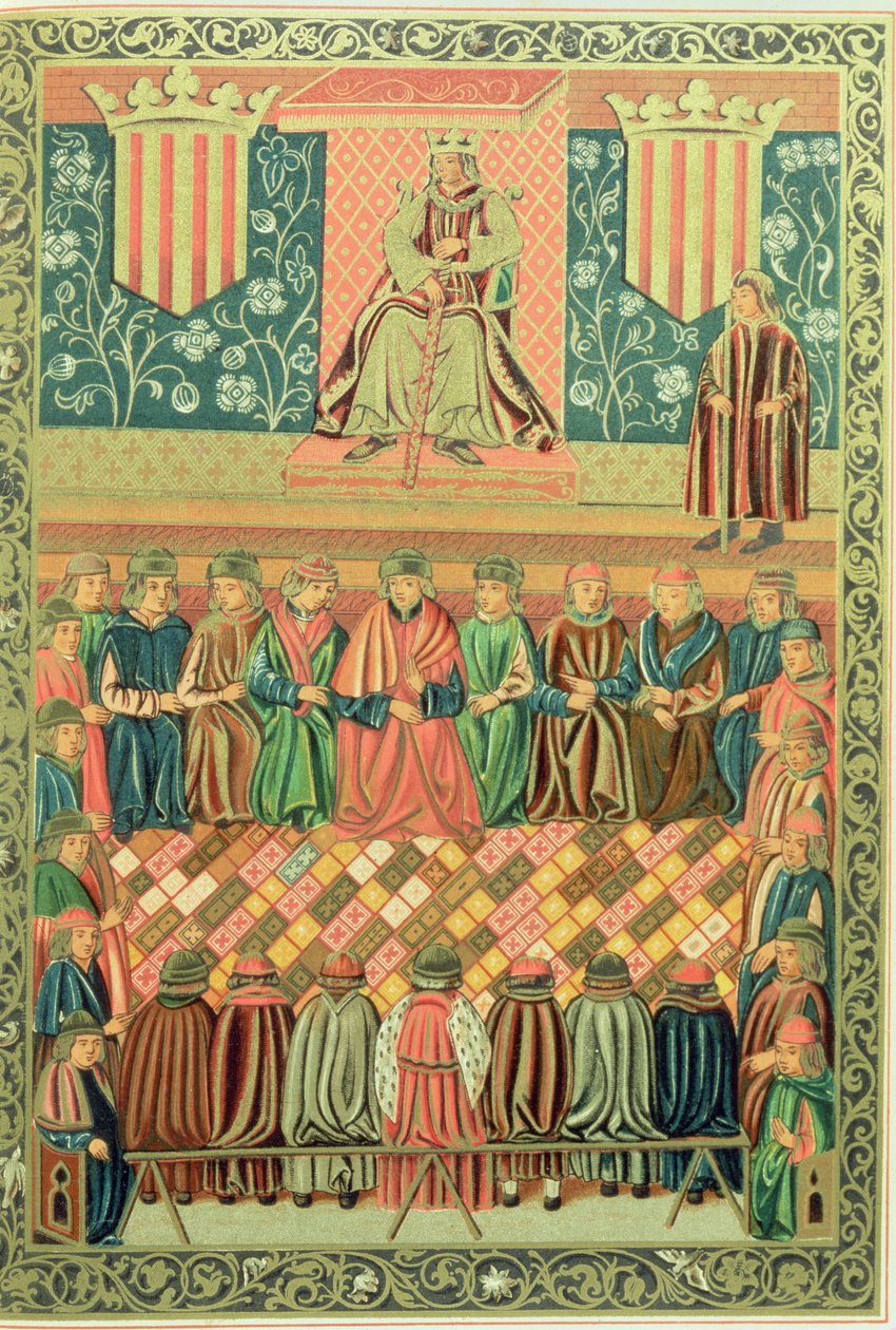 Rei James I o Conquistador que preside as Cortes de Lérida em Março de 1242, a partir de um manuscrito dos 