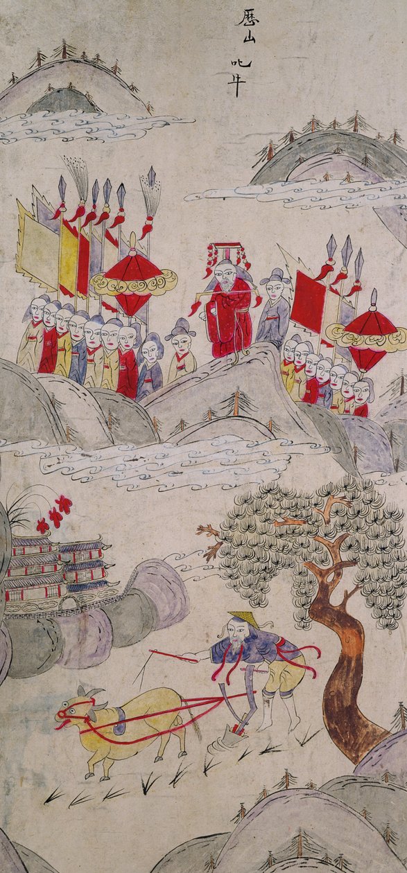 Um painel de uma tela de oito dobras representando histórias famosas da China (pigmentos naturais sobre papel) de School Chinese