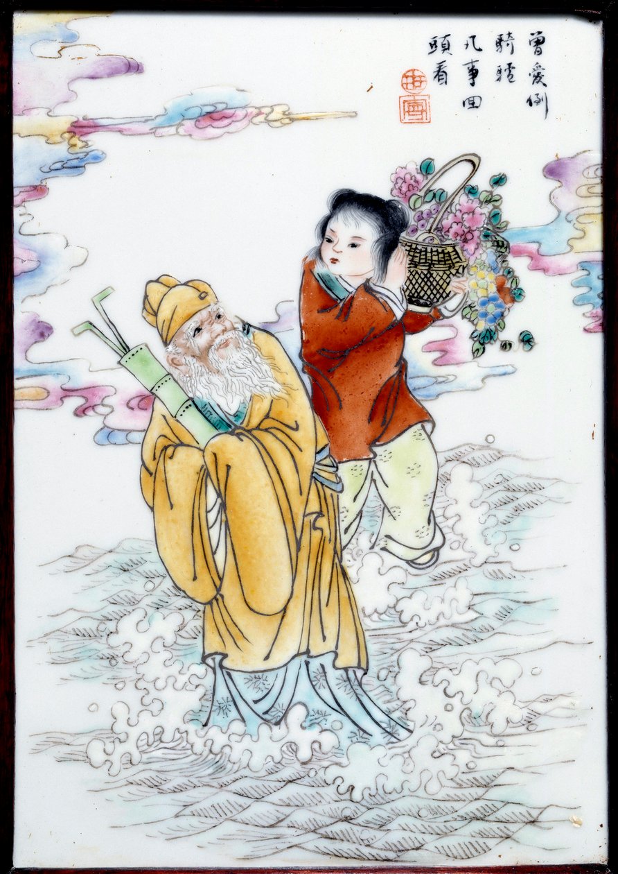 Alegoria da Primavera Uma mulher segurando um cesto de flores e um homem velho andando no spray. Pintura em porcelana anónima, China de School Chinese