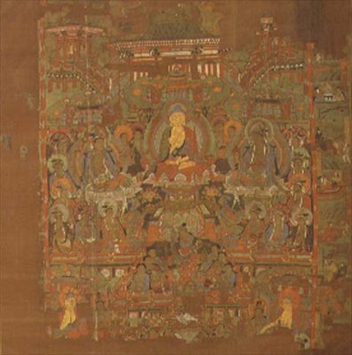 Ch.1.iii.02 Paraíso de Bhaisajyaguru, século 8-9, Tunhuang (tinta de tecido sobre seda) de School Chinese