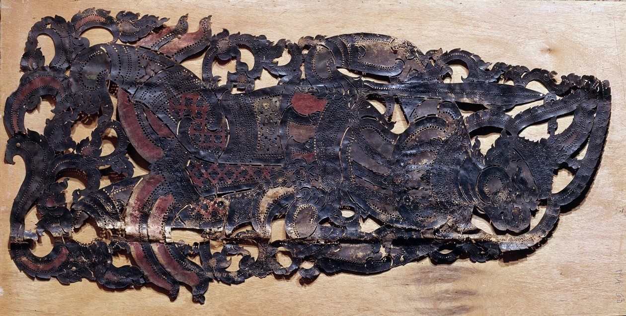 Arte chinesa: corte de couro de vaca para brincar com as sombras chinesas durante as apresentações teatrais da era Nang. Paris, Museu Guimet, Museu de Artes Asiáticas de School Chinese