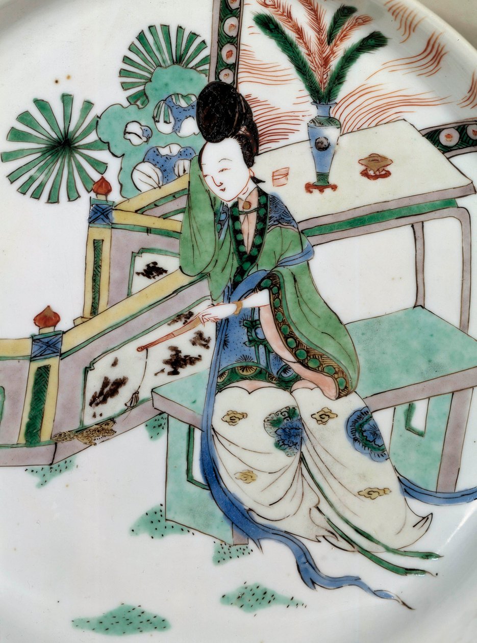 Arte chinesa: a dama se rebobina em um banco. Pintura em porcelana do século XVIII. Paris, Museu Guimet, Museu Nacional de Arte Asiática de School Chinese