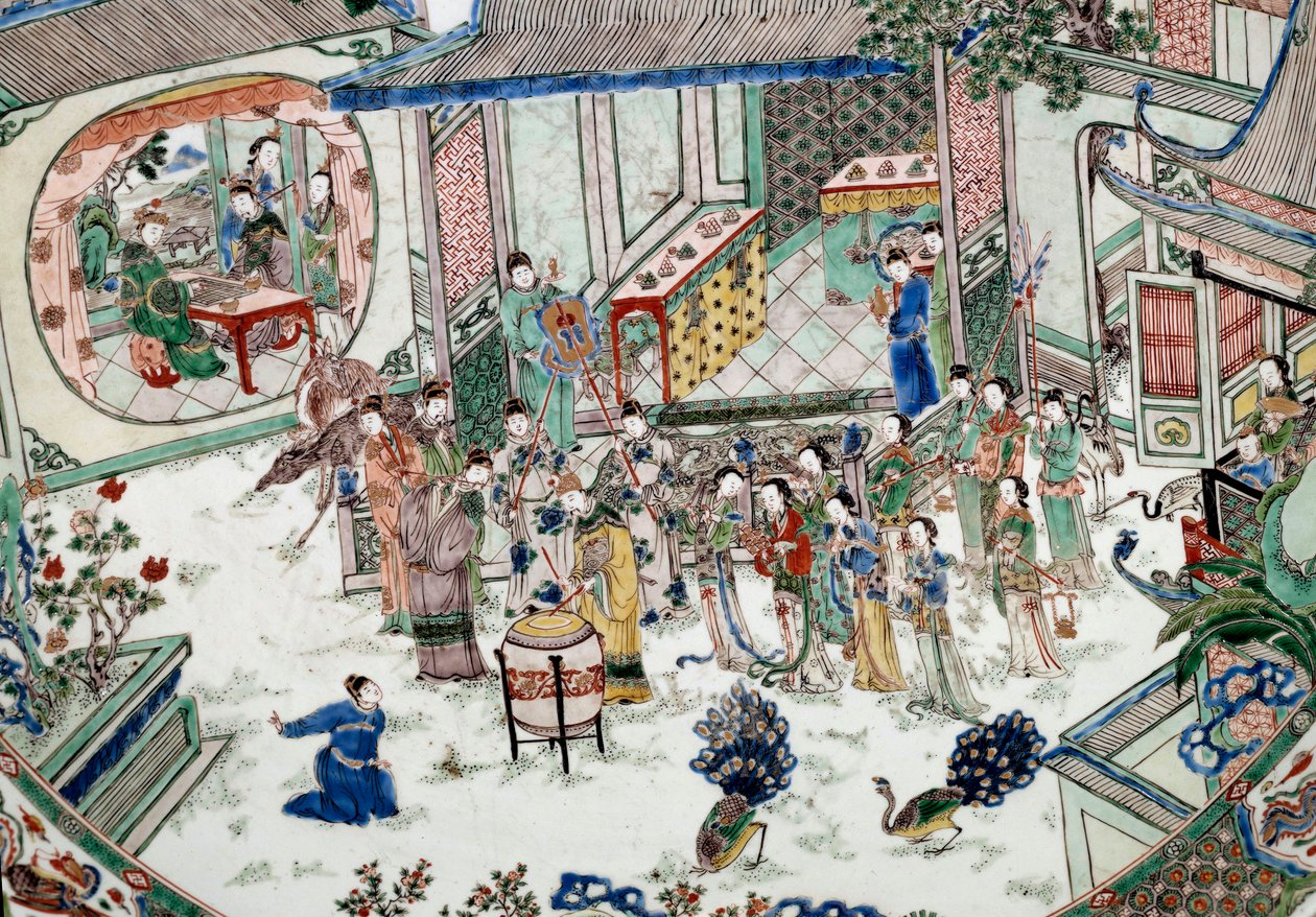 Arte chinesa: festa tradicional com concerto. Pintura em porcelana. Século XVIII. Paris, Museu Guimet, Museu Nacional de Artes Asiáticas. de School Chinese