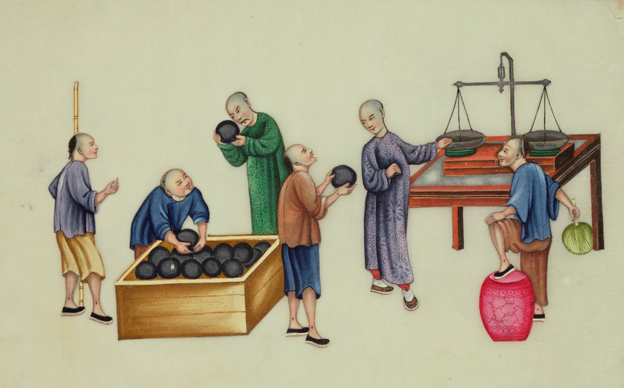 Revendedores chineses que testam e pesam ópio, de "The Evils of Opium Smoking" (Os Males do Fumo de Ópio) de School Chinese
