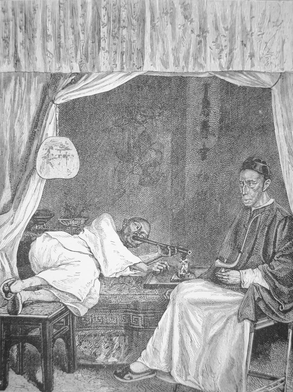 Fumadores de ópio chineses, gravação a partir de 1875 (litho) de School Chinese