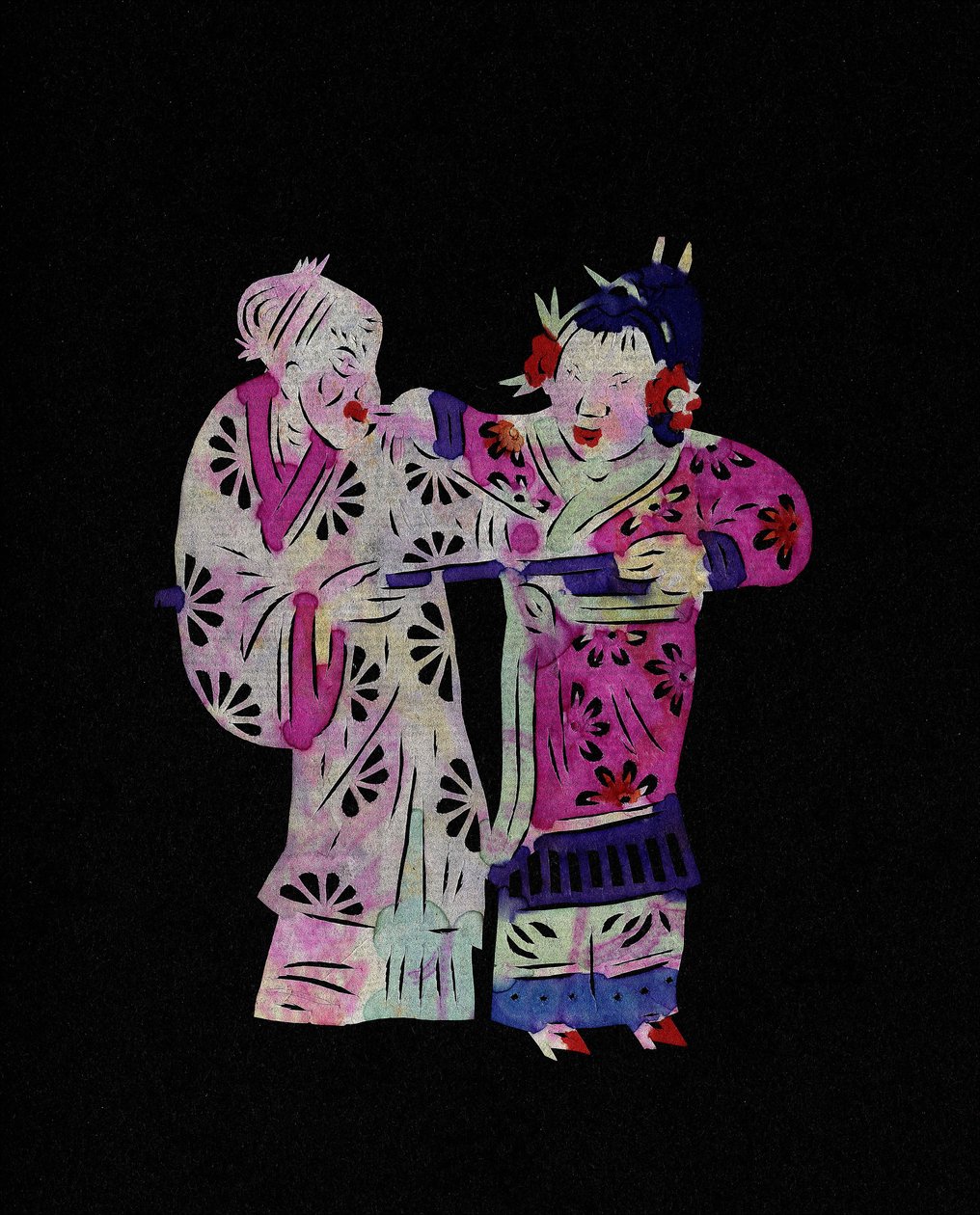 Casal com uma mulher idosa e uma rapariga jovem. Corte de papel pintado ou "Jian Zhi", arte popular chinesa, Pekin. de School Chinese